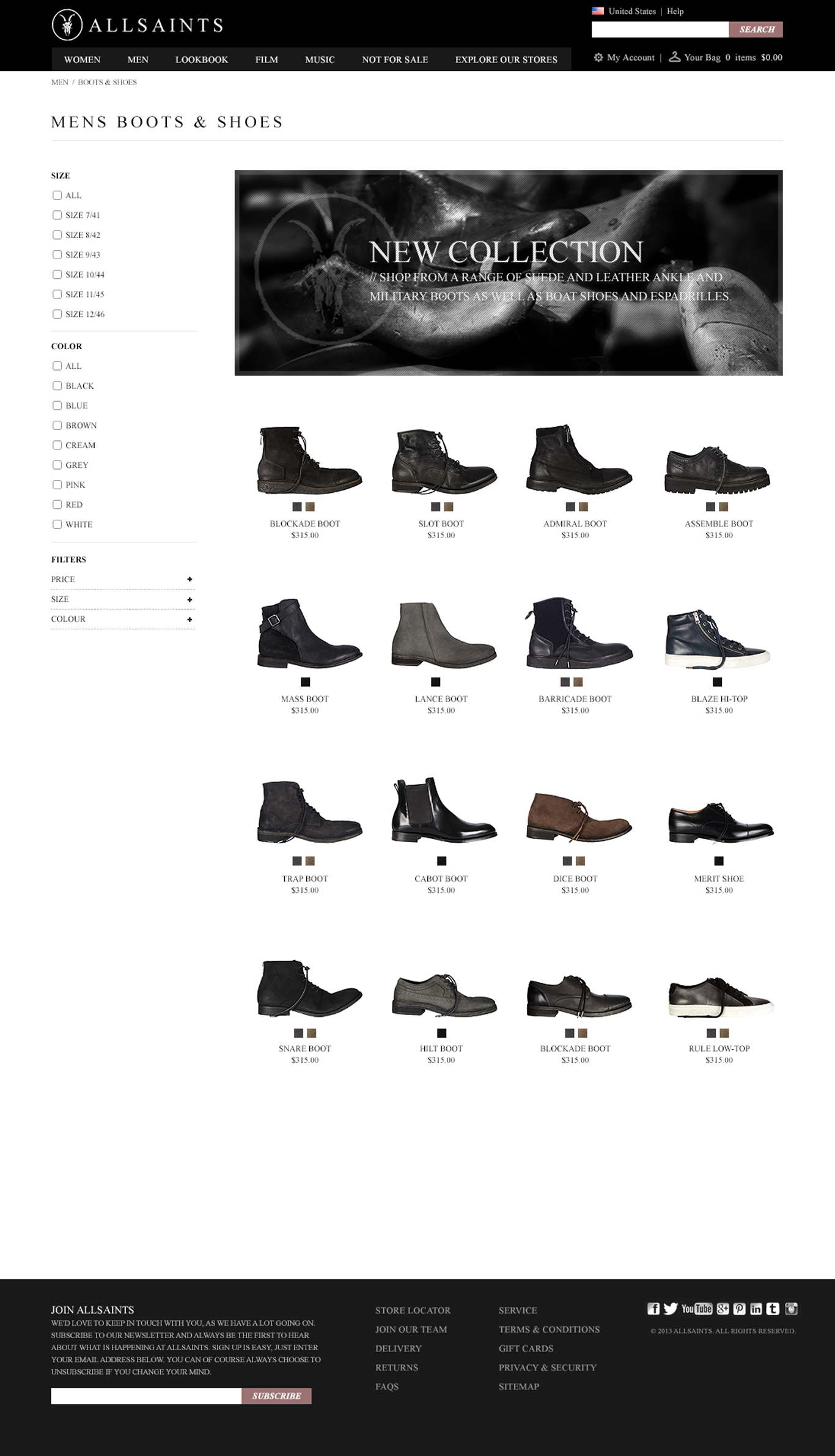 Homepage of AllSaints website featuring a sleek, modern design with a minimalist black and white color scheme. Prominent images showcase the latest fashion collections with models in stylish, contemporary outfits. Navigation bar at the top provides links to men's and women's apparel, new arrivals, and exclusive offers. The overall layout is clean and user-friendly, emphasizing urban chic aesthetics.