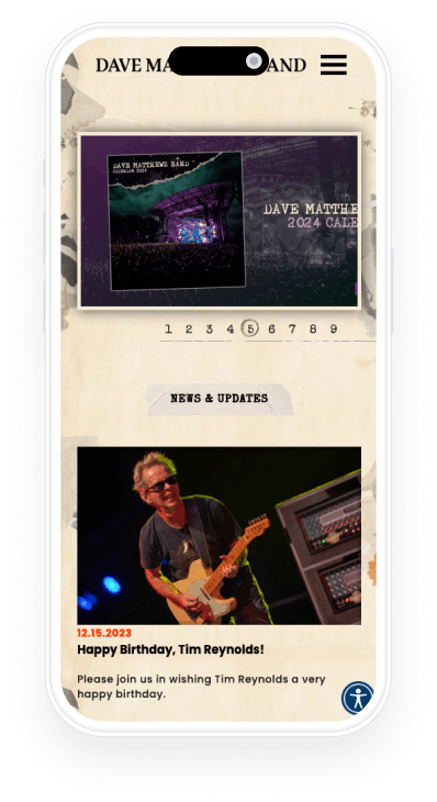 Homepage design for DaveMatthewsBand.com showcases a dynamic, engaging background image of the band performing live, capturing the energy and spirit of their concerts. The website features user-friendly navigation with links to tour dates, discography, merchandise, and fan club information. The design incorporates a rich color palette that reflects the band's vibrant and eclectic style, with easy access to the latest news and releases, inviting fans to immerse themselves in the Dave Matthews Band experience.