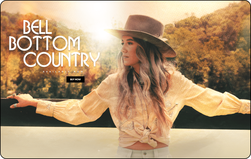 Homepage design for LaineyWilson.com features a visually striking, country-themed aesthetic with a large, engaging photo of Lainey Wilson prominently displayed. The layout includes intuitive navigation links to music, tour dates, merchandise, and a fan club sign-up. The design incorporates rustic textures and warm, earthy tones, capturing the essence of Lainey Wilson's music and personal brand, inviting fans to explore and connect with her work.