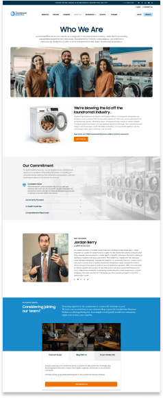 Homepage design for LaundromatResource.com showcasing a welcoming, user-friendly interface with vibrant images of well-organized, clean laundromat facilities. The layout includes easy-to-navigate menus, sections for latest resources and tips for laundromat owners, and a call-to-action for new visitors to join the community. The design uses a bright and inviting color palette to convey a sense of cleanliness and efficiency, reflecting the site's aim to be a comprehensive resource for laundromat owners and operators.