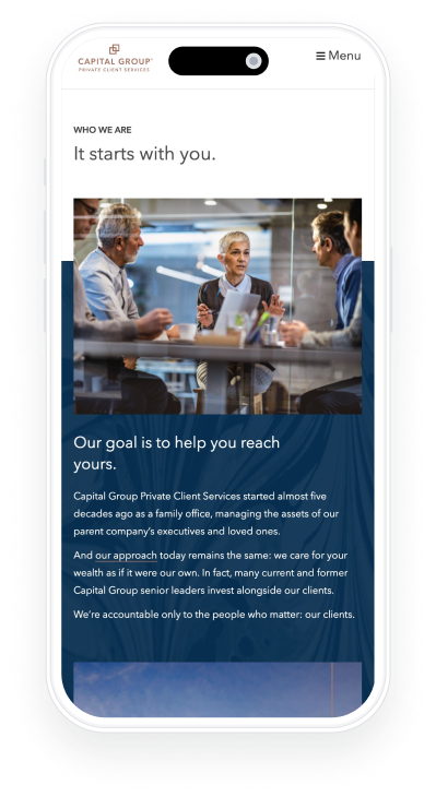 Homepage design of the Capital Group website featuring a clean, modern layout with a prominent navigation menu, high-quality images of diverse investors, and clear, concise text inviting users to explore investment solutions. The design emphasizes user-friendliness and accessibility, with a color scheme that reflects the brand's professionalism and trustworthiness.